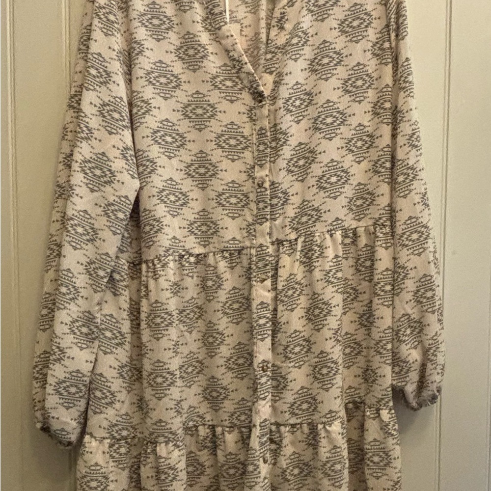 Boho Tiered Button-Front Dress in Cream and Gray